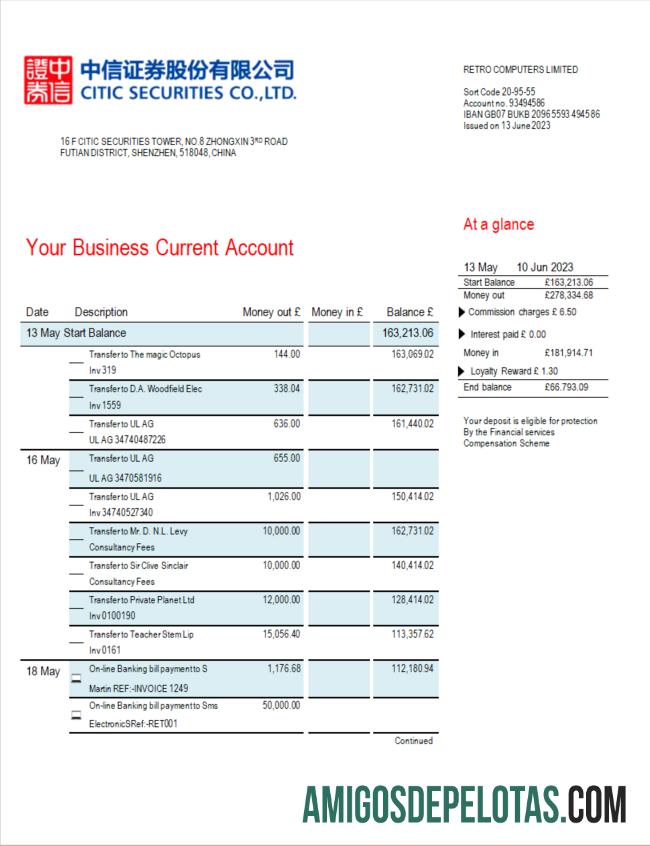Baixável Citic Securities Bank Firm modelo de extrato de conta Word e PDF